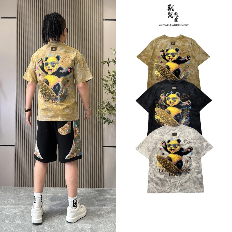 V2025夏季新款男士宽松百搭圆领重工熊猫印花彩绘短袖T恤男上衣服