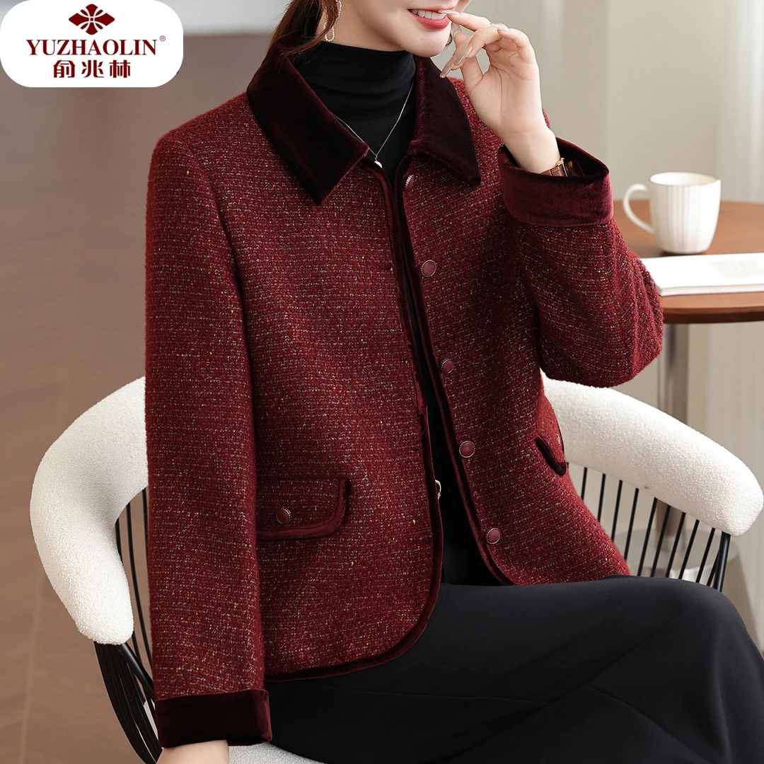 中年妈妈冬装毛呢外套喜婆婆婚宴礼服中老年秋冬小香风开衫上衣女