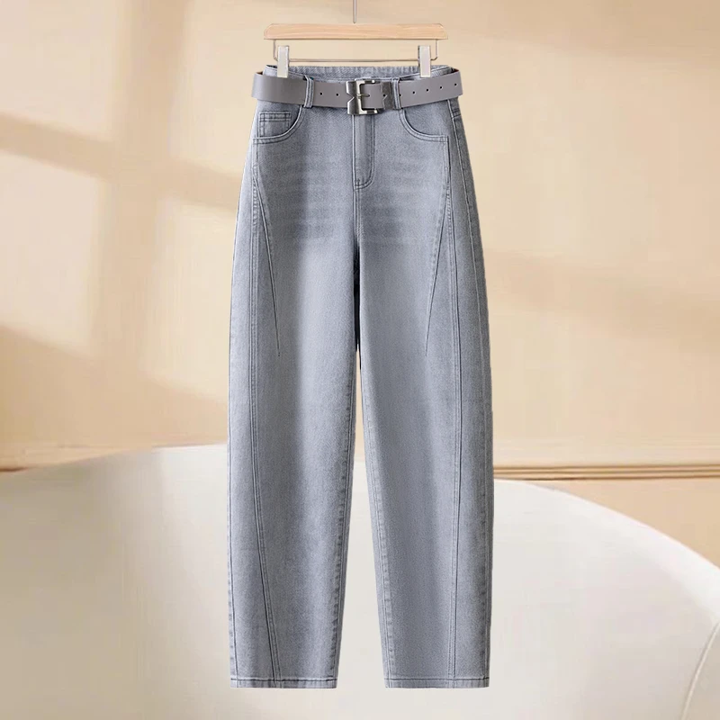 雾霾灰窄版弯刀牛仔裤女2025早秋新款高腰显瘦宽松垂感休闲老爹裤