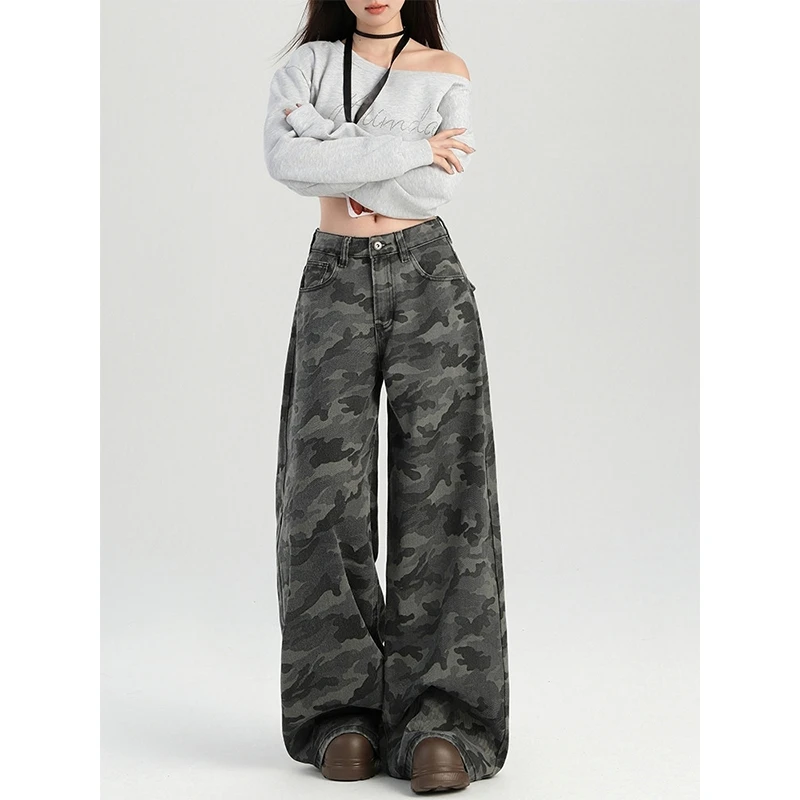大码美式高街工装迷彩牛仔裤女春季高腰加长宽松显瘦直筒阔腿裤子