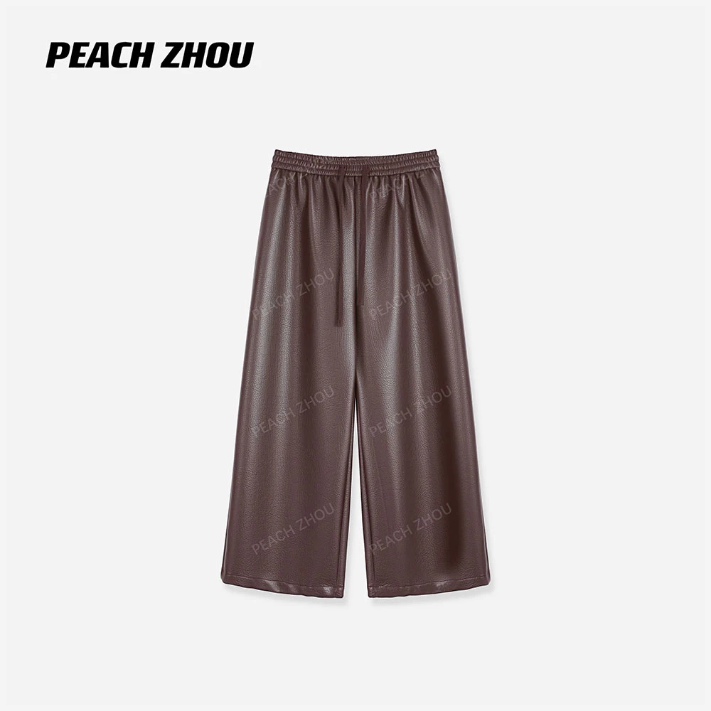『PEACHZHOU』软糯肌理PU皮宽松阔腿皮裤松紧腰气质复古老钱九分裤
