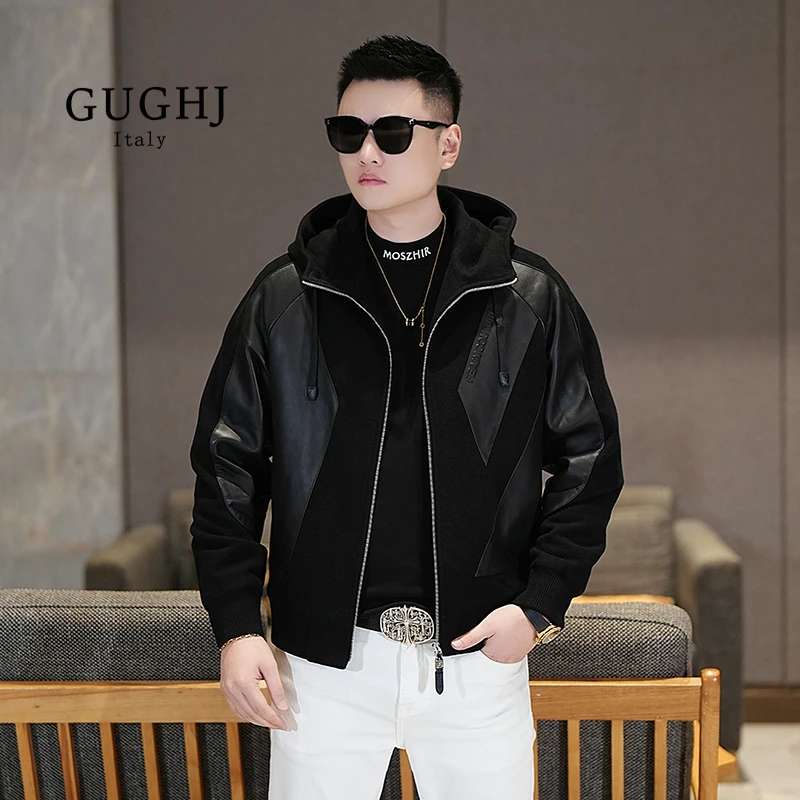 冬季新款男士轻奢羊毛真皮拼接短款夹克潮流修身百搭连帽夹棉外套