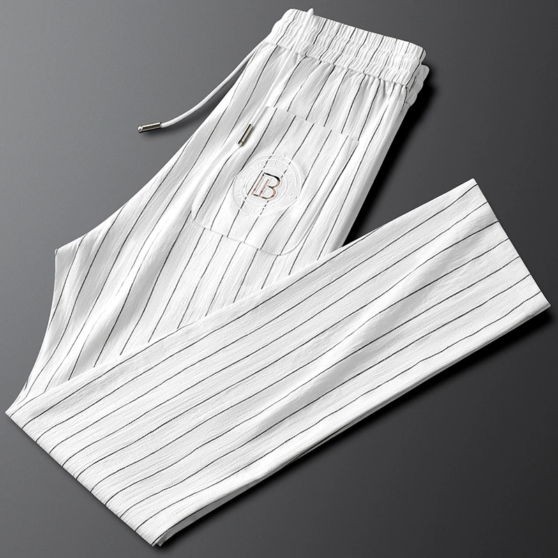 梵基弗奈白色条纹运动裤男夏季修身小直筒薄款透气休闲裤男士长裤