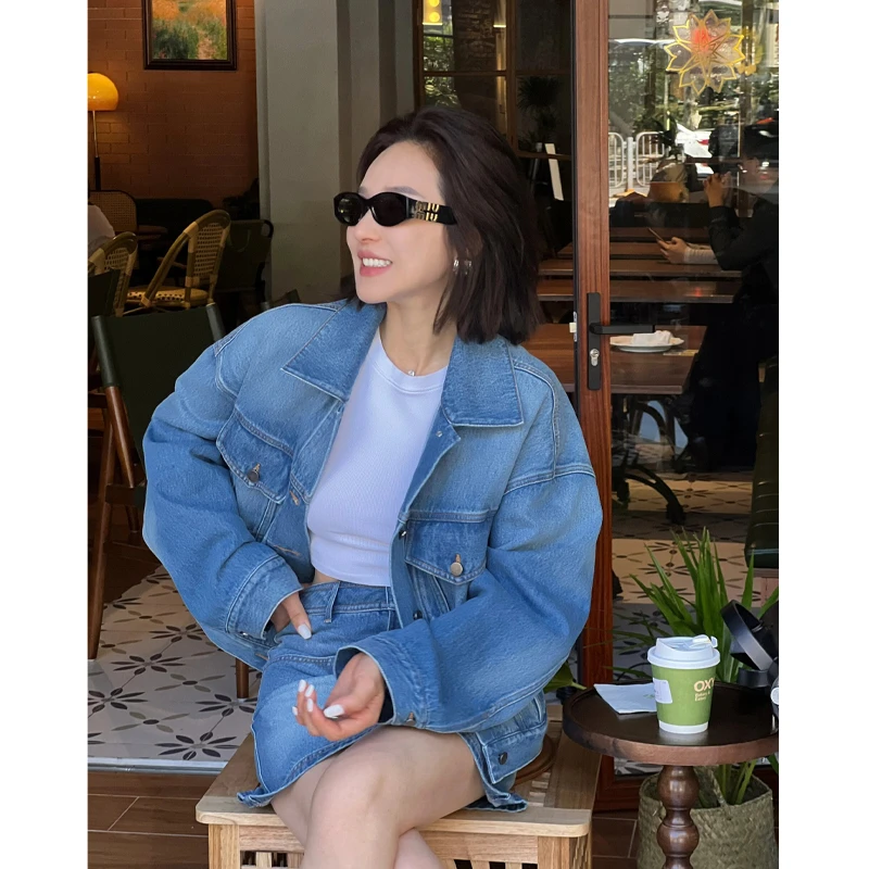 休闲风时尚套装水洗复古洋气蓝色夹克百搭宽松韩版时尚长袖春秋装