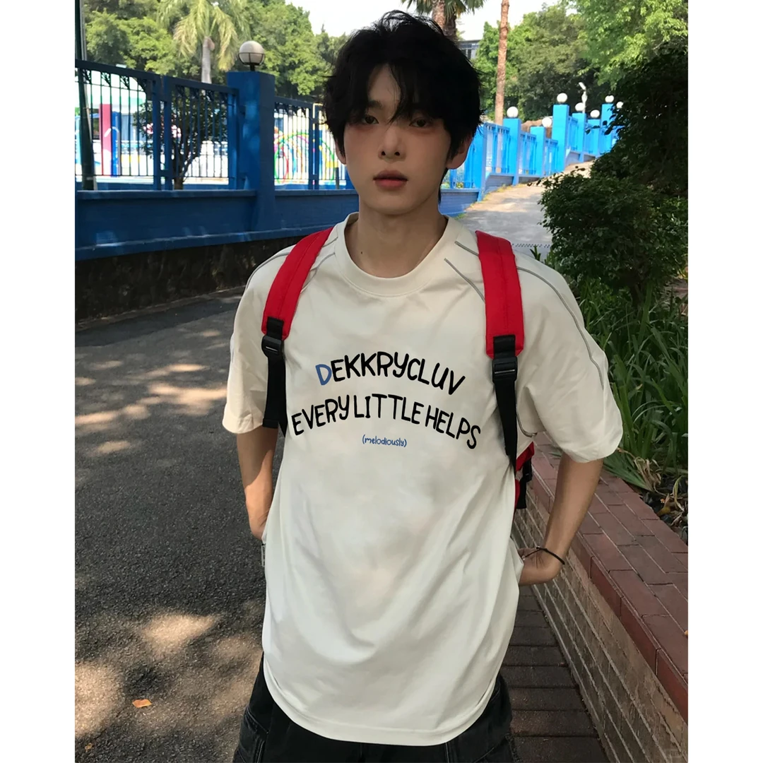 100%纯棉美式个性简约字母印花拼接短袖T恤男女夏季休闲情侣上衣