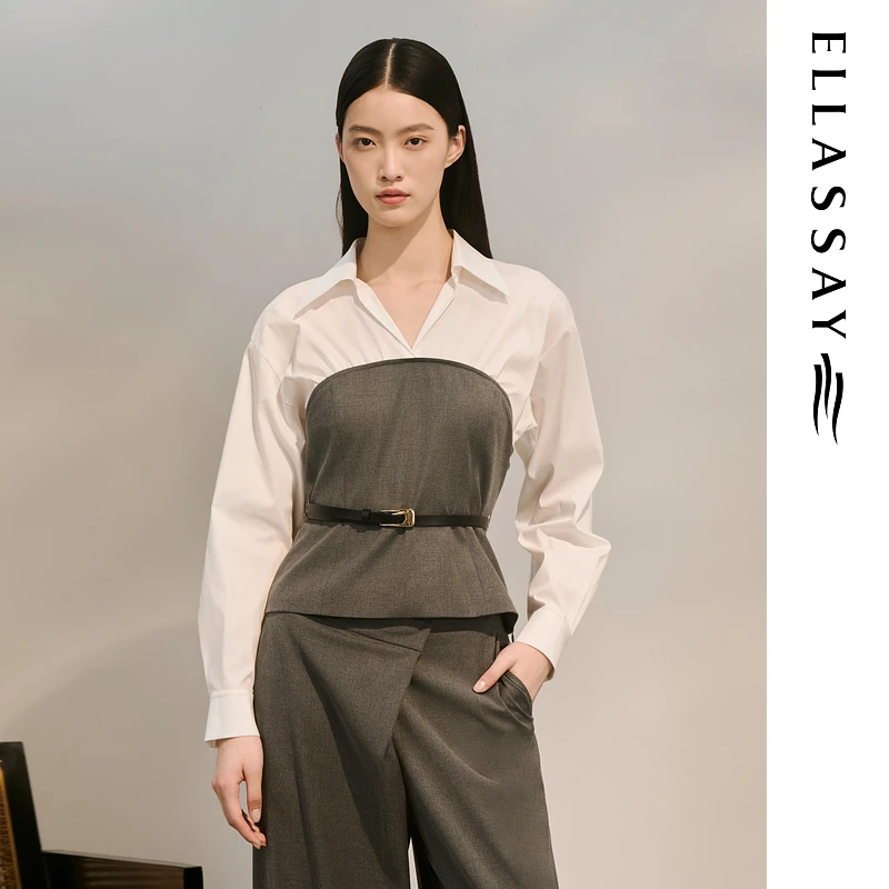 ELLASSAY歌力思2025秋季新款棉拼接设计通勤衬衫女EWD363C00500