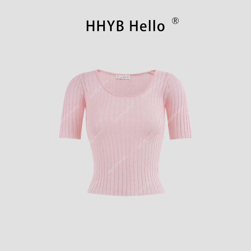 HHYB Hello【2025春季新款】U领短袖针织衫女显瘦温柔上衣M453