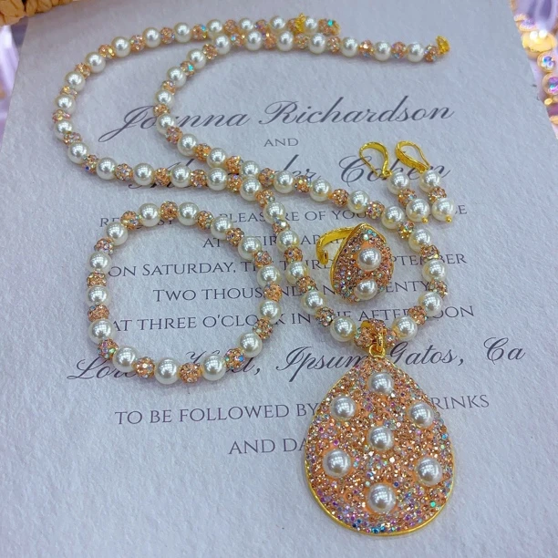 钛钢项链 钛钢四件套501-29-6时尚百搭爆款精致首饰白色气质珍珠·