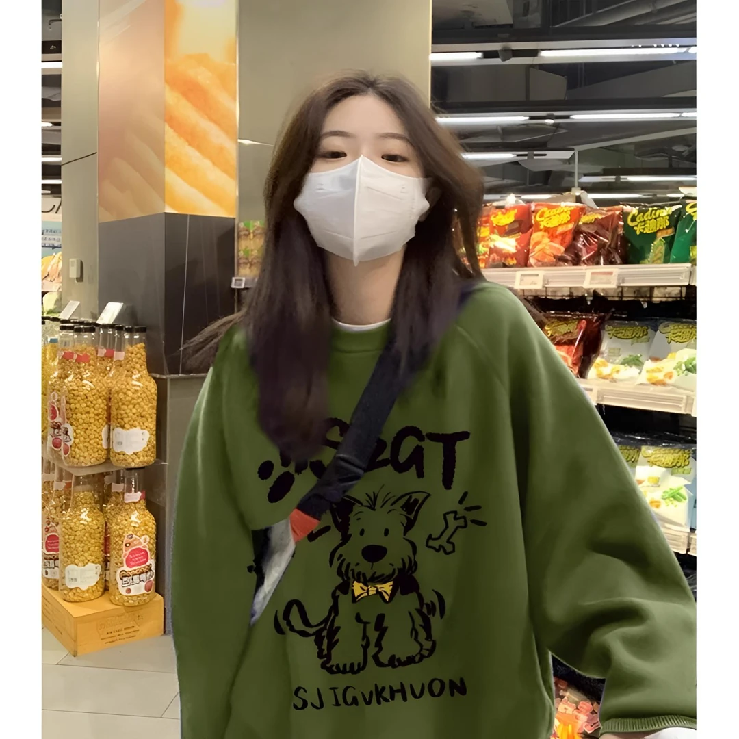 欧若风美式复古趣味小狗印花卫衣女秋冬加绒加厚宽松早春穿搭上衣