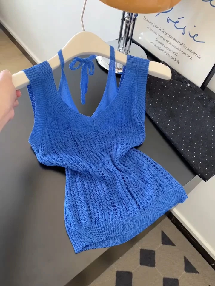 克莱因蓝假两件吊带针织背心女夏外穿宽肩带无袖多巴胺上衣高级感