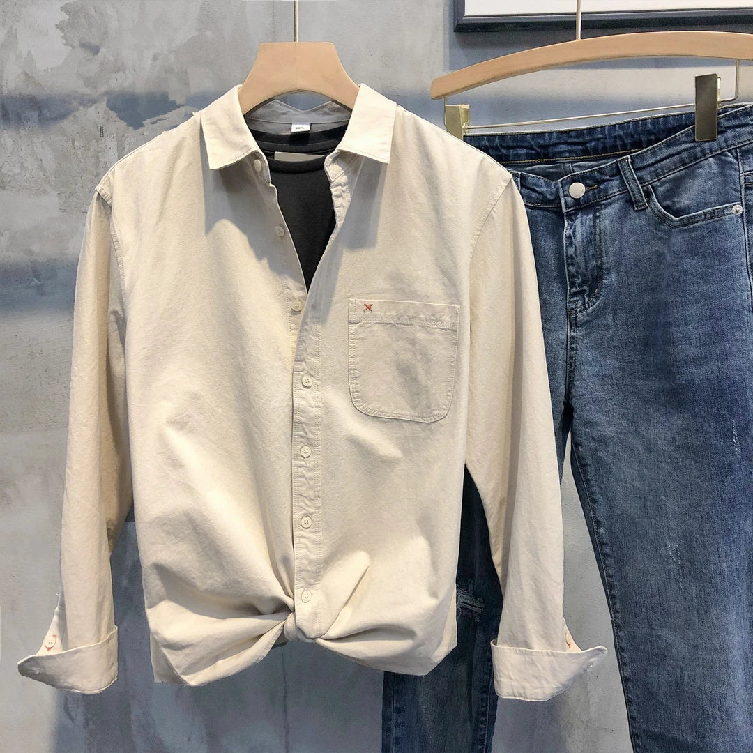 2025新款春秋季简约纯色翻领男士衬衫韩版休闲文艺长袖衬衣外套男