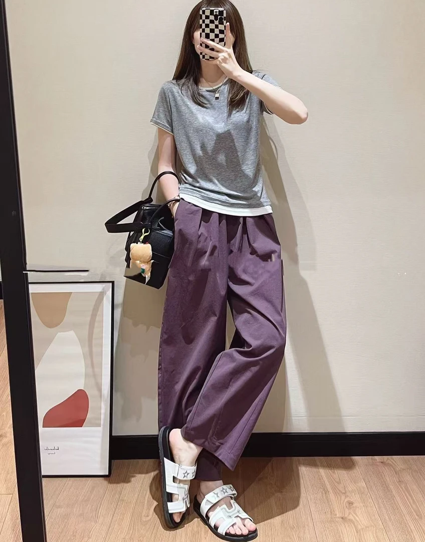 韩系松紧腰宽松阔腿裤女夏季薄款高腰显瘦直筒裤休闲九分裤689