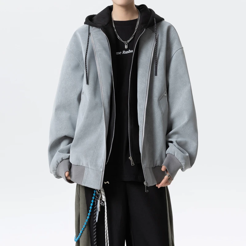 美式外套上衣翻领保暖港风皮衣夹克无工艺秋季休闲复古单排扣春秋