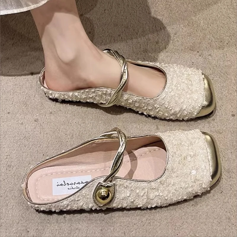 平底跟包头玛丽珍凉拖鞋女2025新款亮片布灵气质凉鞋配裙子半拖鞋