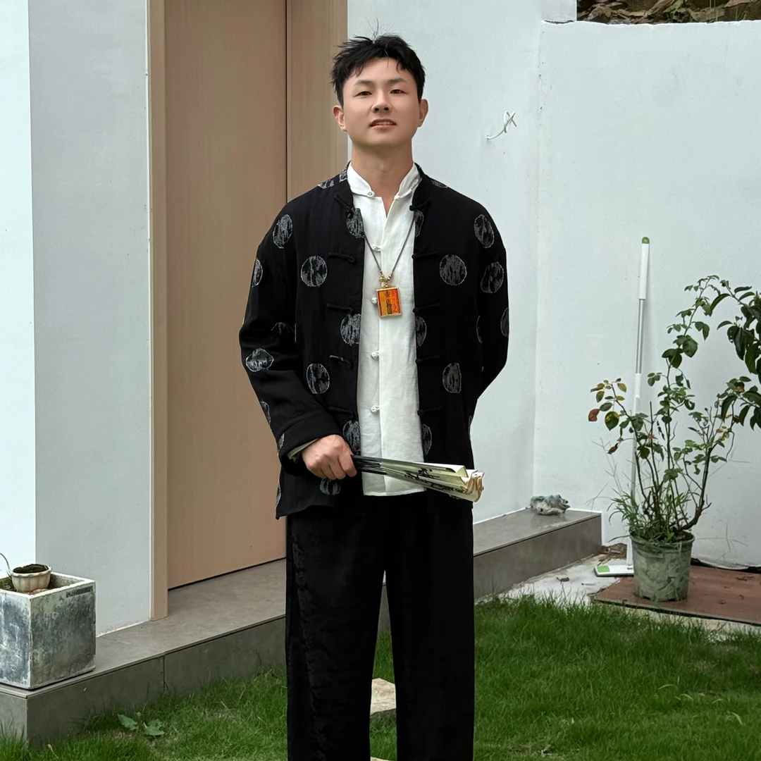 青阳 中式唐装 黑色小月球 春秋男女同款 丝麻