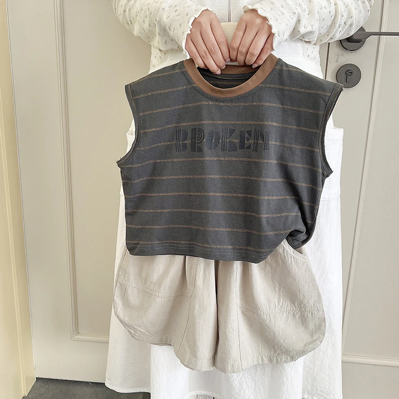 男童夏装套装2025新款儿童条纹背心薄款夏季套头衣服宝宝无袖童装