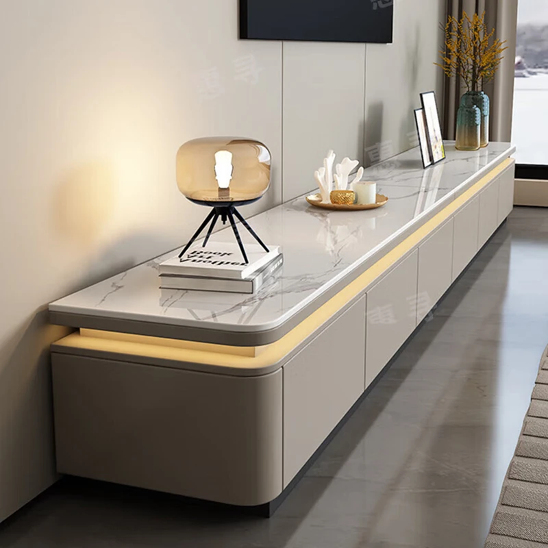 实木烤漆带灯电视柜轻奢储物柜岩板落地茶几电视柜