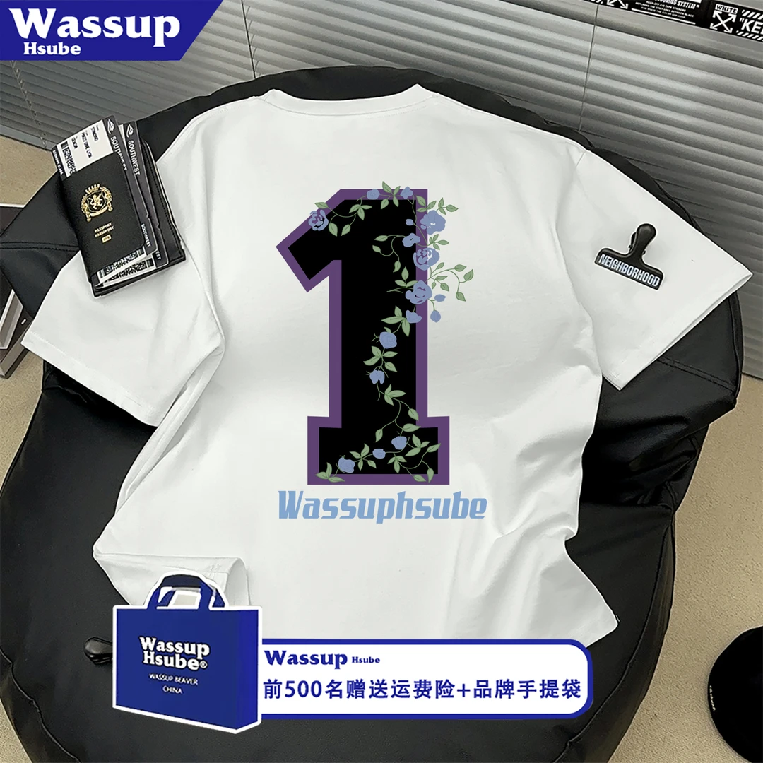 WASSUP HSUBE高级感植物系印花纯棉短袖T恤男女国潮百搭圆领上衣