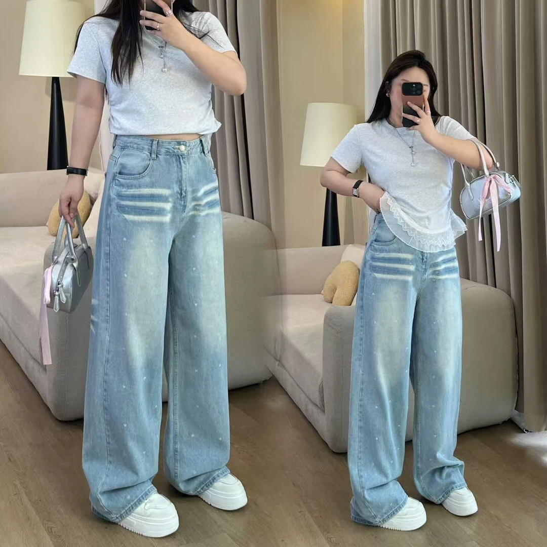 6696#大码高腰阔腿牛仔裤女宽松新款高端直筒裤子女