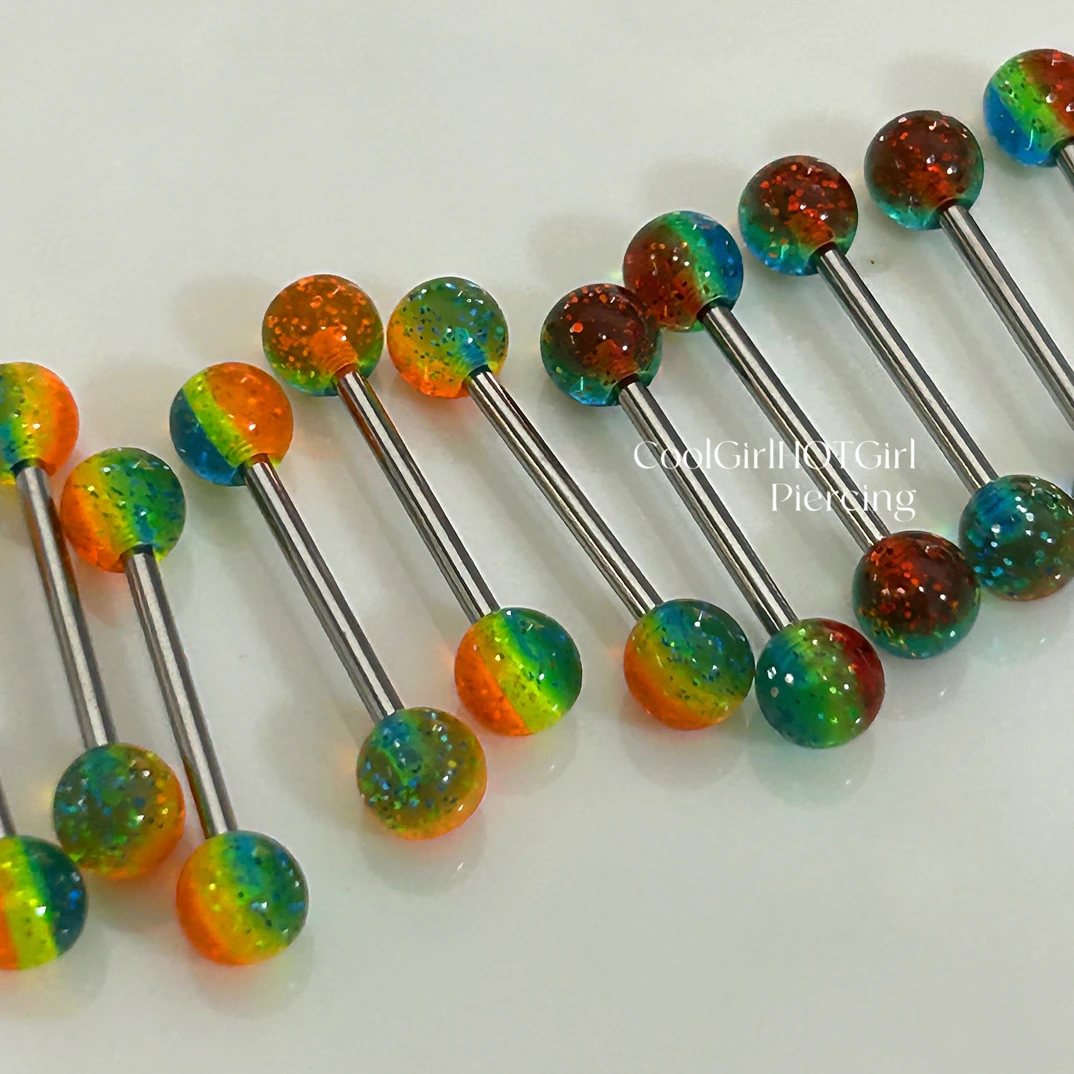 钛钢亚克力耳饰 CGHG 爆闪闪片彩虹亚克力舌钉 钛钢外螺纹舌头钉