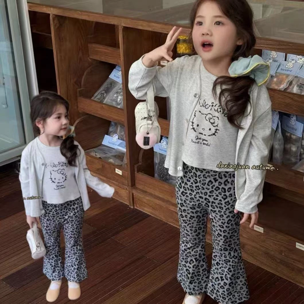 三件套韩系童装女童灰色豹纹裤喇叭裤儿童春秋款kitty背心开衫