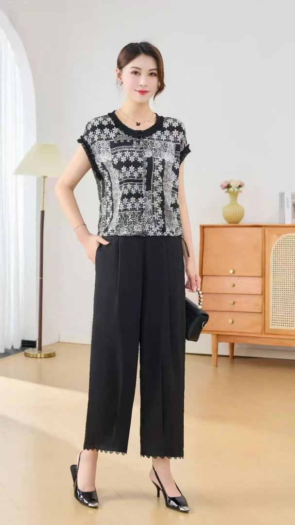 F175 2025新款套装夏季新款时尚百搭宽松休闲圆领半袖花边阔腿裤