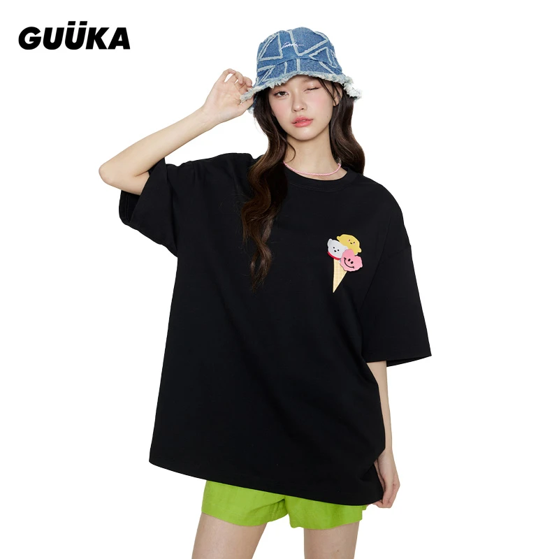 Guuka/古由卡潮牌黑色贴贴小狗冰淇淋重磅男纯棉短袖魔术贴F6536