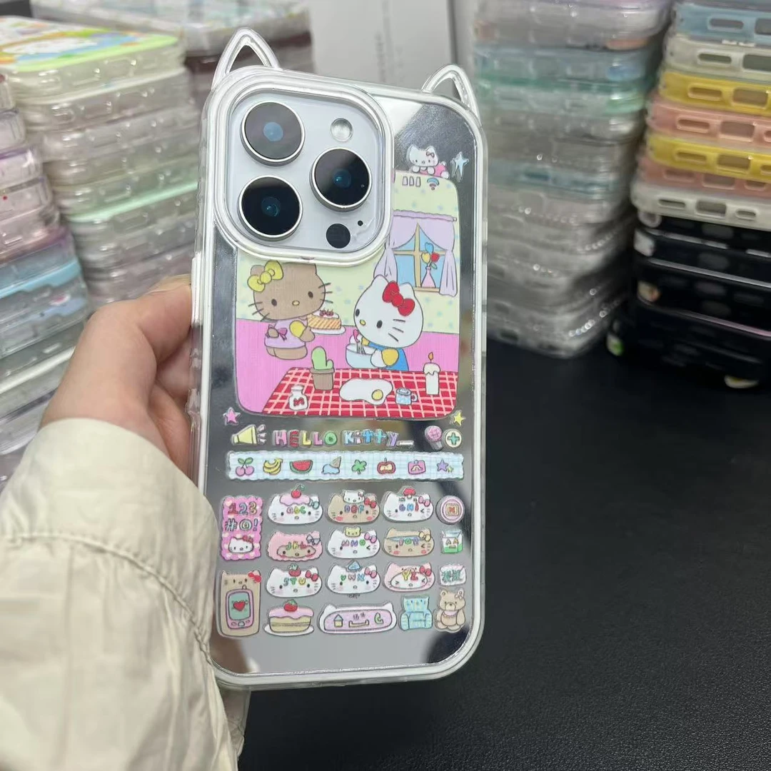 高颜值立体猫耳镜面按键kt猫适用16promax手机壳苹果15少女14新款