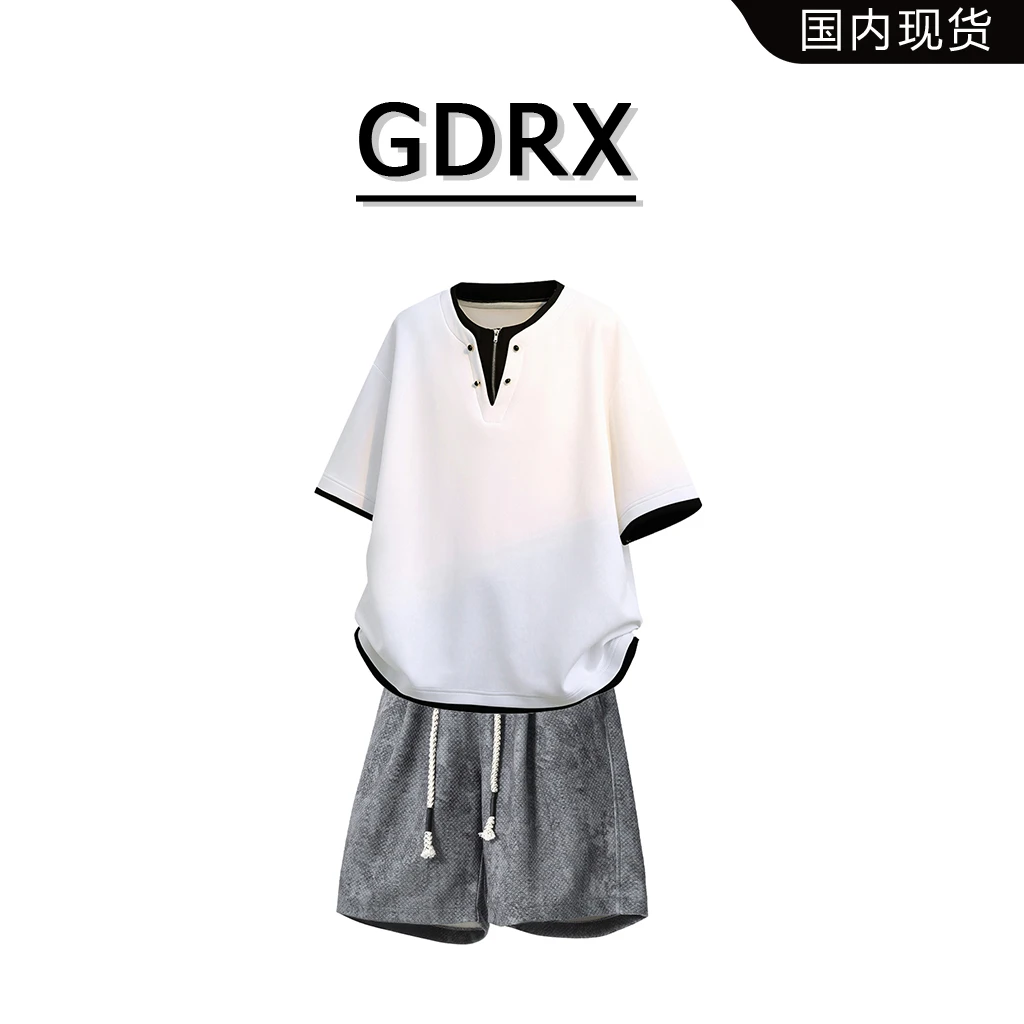 GDRX潮牌假两件短袖套装男生2025夏季宽松休闲两件套轻奢痞帅男装
