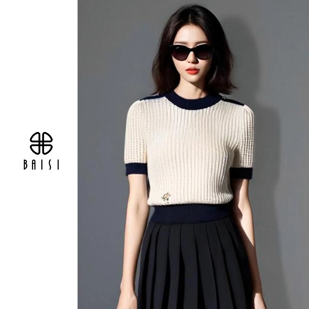 BAISI/百丝常规圆领不易起球短袖拼接毛针织衫针织衫时尚女装上衣