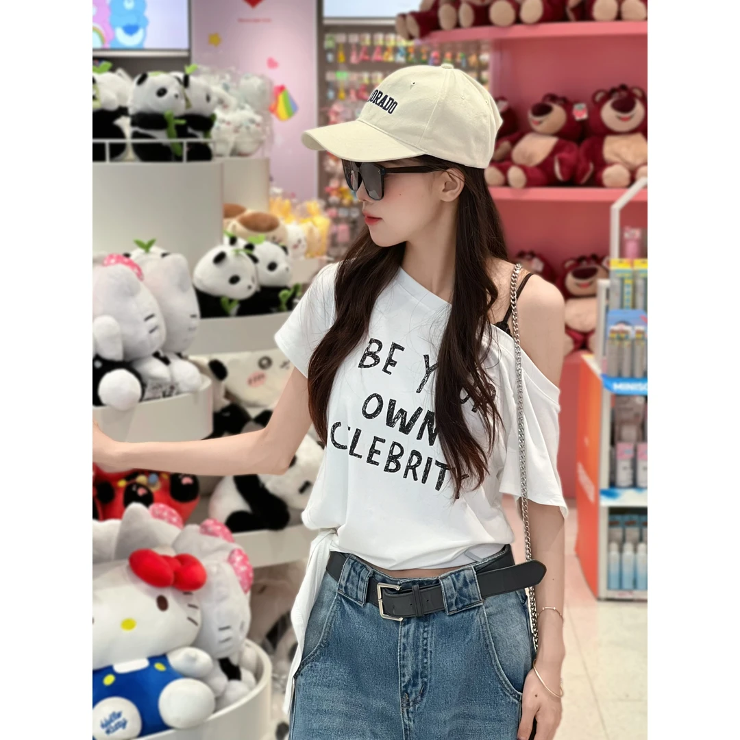 露肩上衣动感少女休闲字母印花正肩修身显瘦百搭短袖T恤