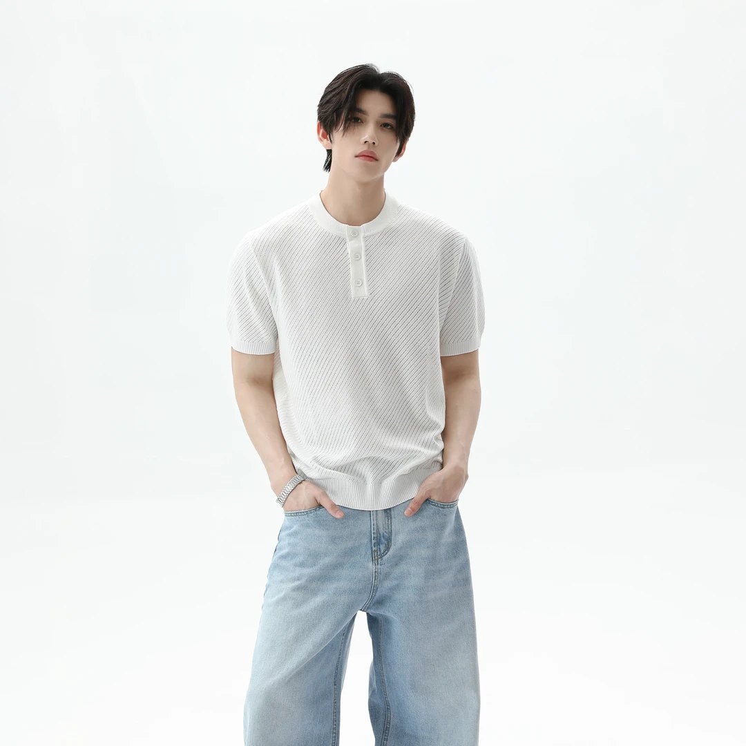 TURNTIDE 复古亨利领斜纹设计短袖休闲百搭通勤简约夏T恤纽扣半袖