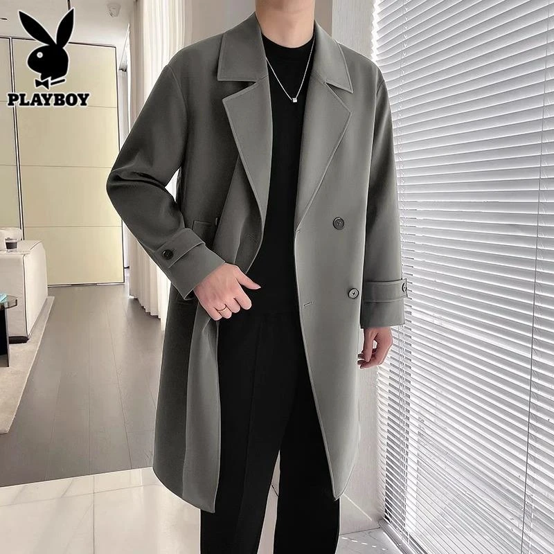 花花公子中长款男士风衣冬季潮流休闲西装领韩版宽松大衣外套男装