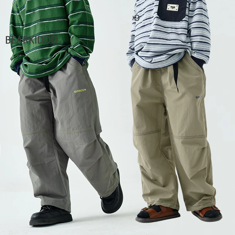 BearKiddo儿童韩版直筒裤宽松男童帅气工装裤2025春夏新款长裤