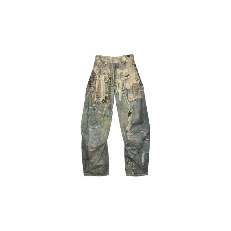 南油小众设计师新品项链印花弯刀牛仔裤