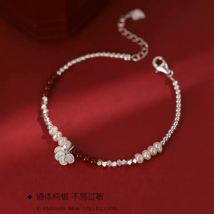 天然珍珠心想事成碎银子手链轻奢ins精致红玛瑙