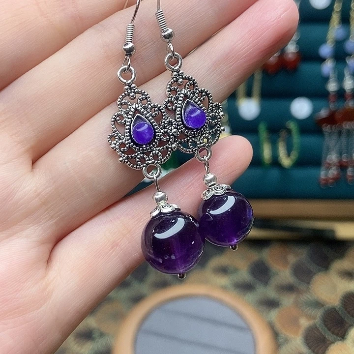 石英质玉耳钉银S925镶嵌