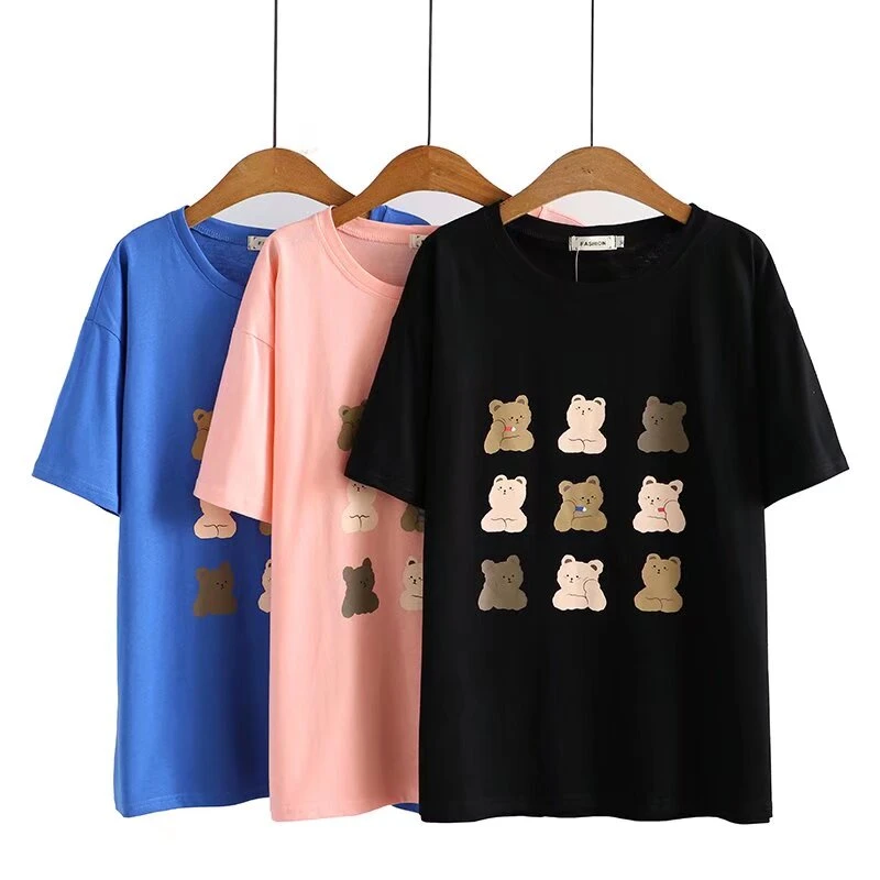 XD2264迷糊熊印花圆领T恤大码女装夏季百搭学生套头衫短袖上衣