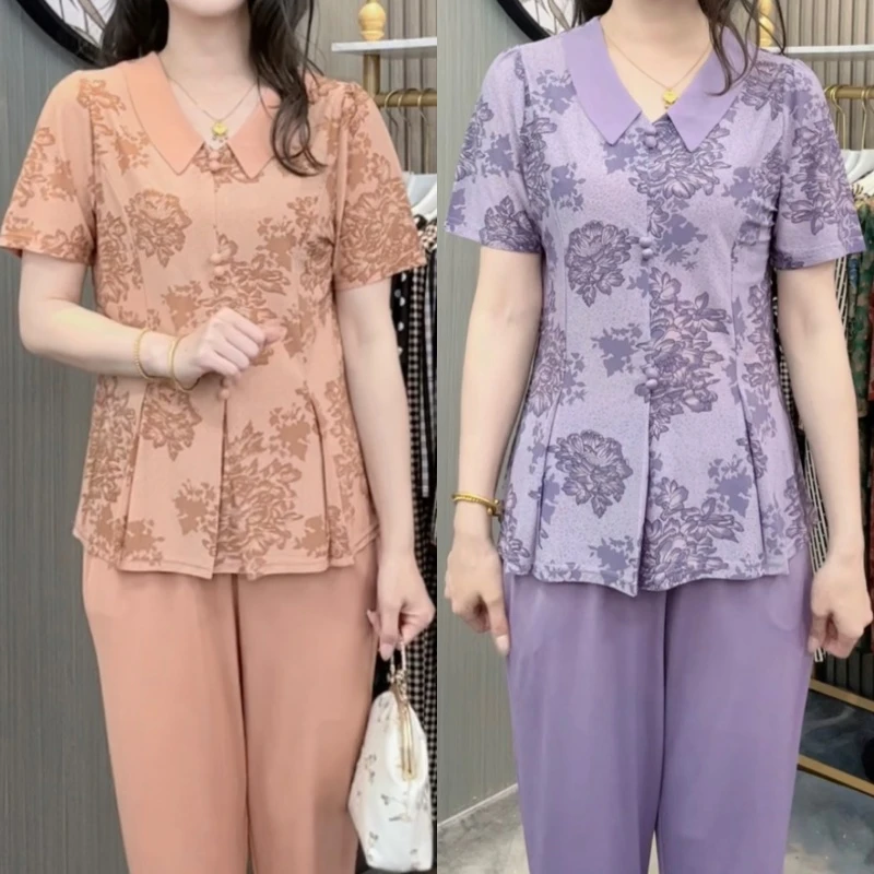 上衣+裤子妈妈装短袖优雅时尚中国风女装休闲风时尚套装2025百搭