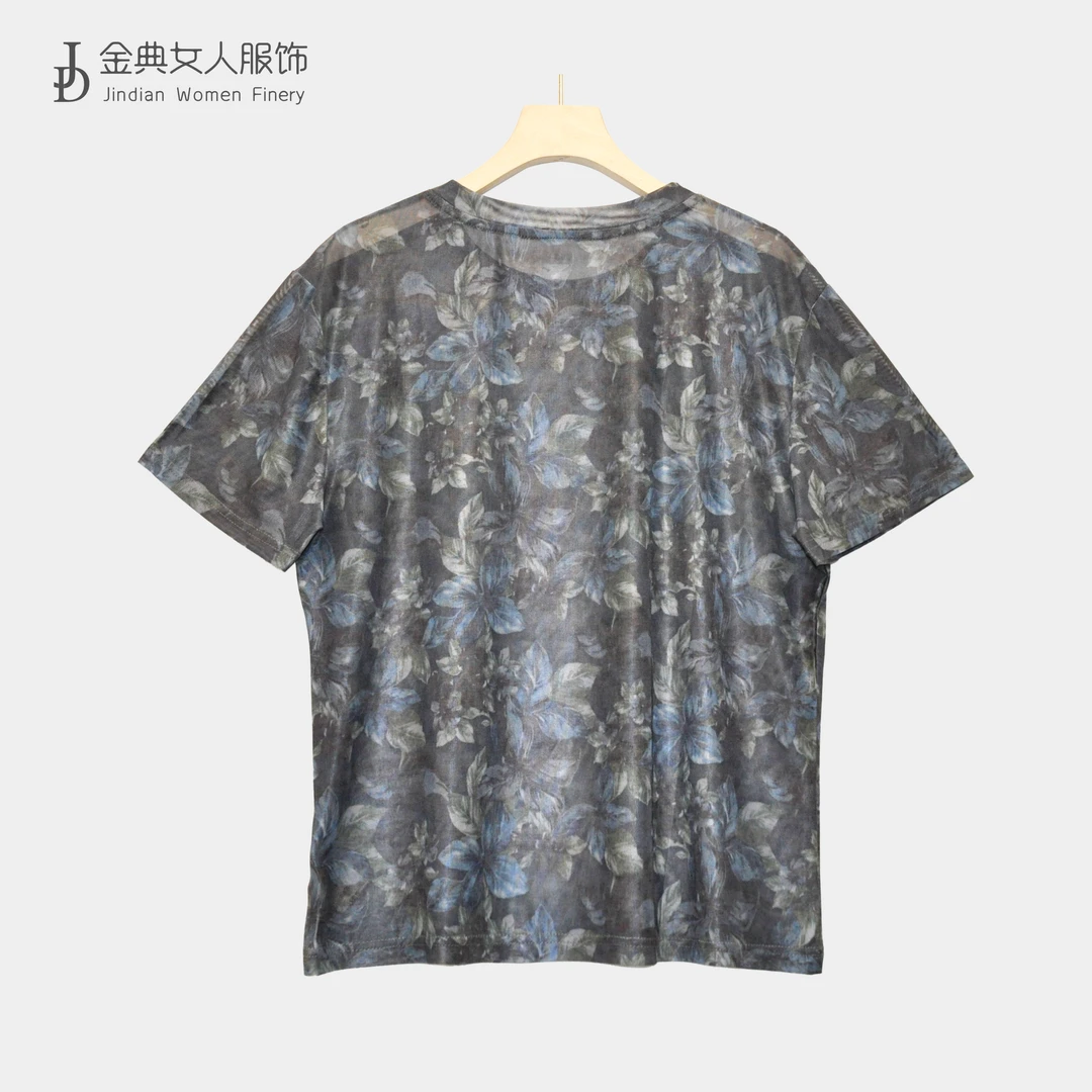 【金典女人服饰】轻奢复古印花时尚短袖洋气T恤  显瘦女上衣5352