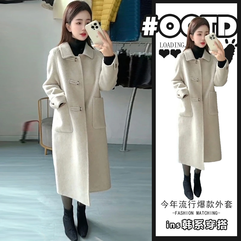 高级感超好看的翻领毛呢外套女秋冬季新款韩版时尚洋气中长款大衣