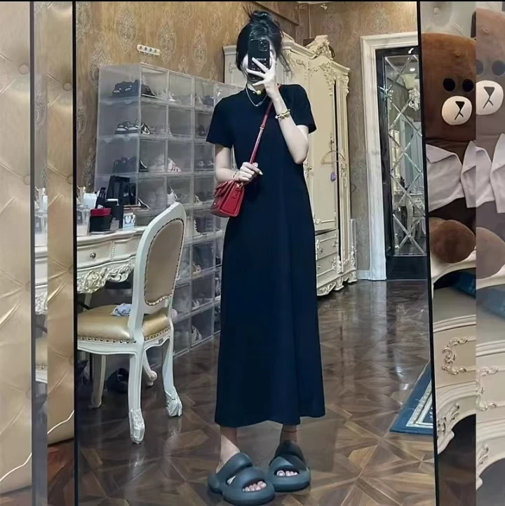 黑色休闲短袖宽松连衣裙女夏季简约长款宽松时尚纯色裙质感气质感