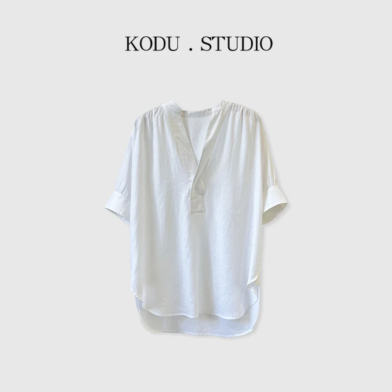 Y【刻度KODU】DG-4312春夏V领宽松开叉不规则褶皱慵懒风衬衫