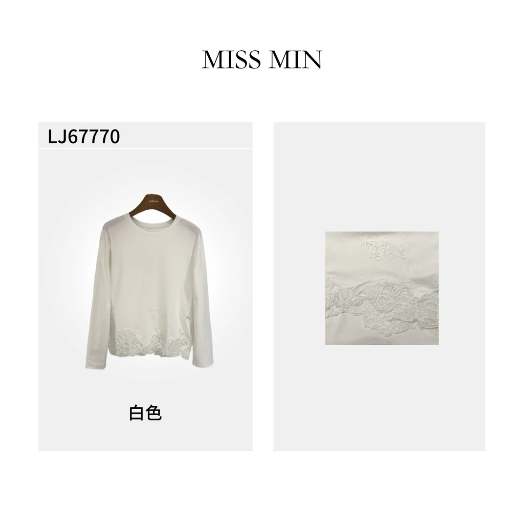 MISS MIN  LJ67770春新款套头圆领下摆镂空钩花宽松长袖圆领长袖