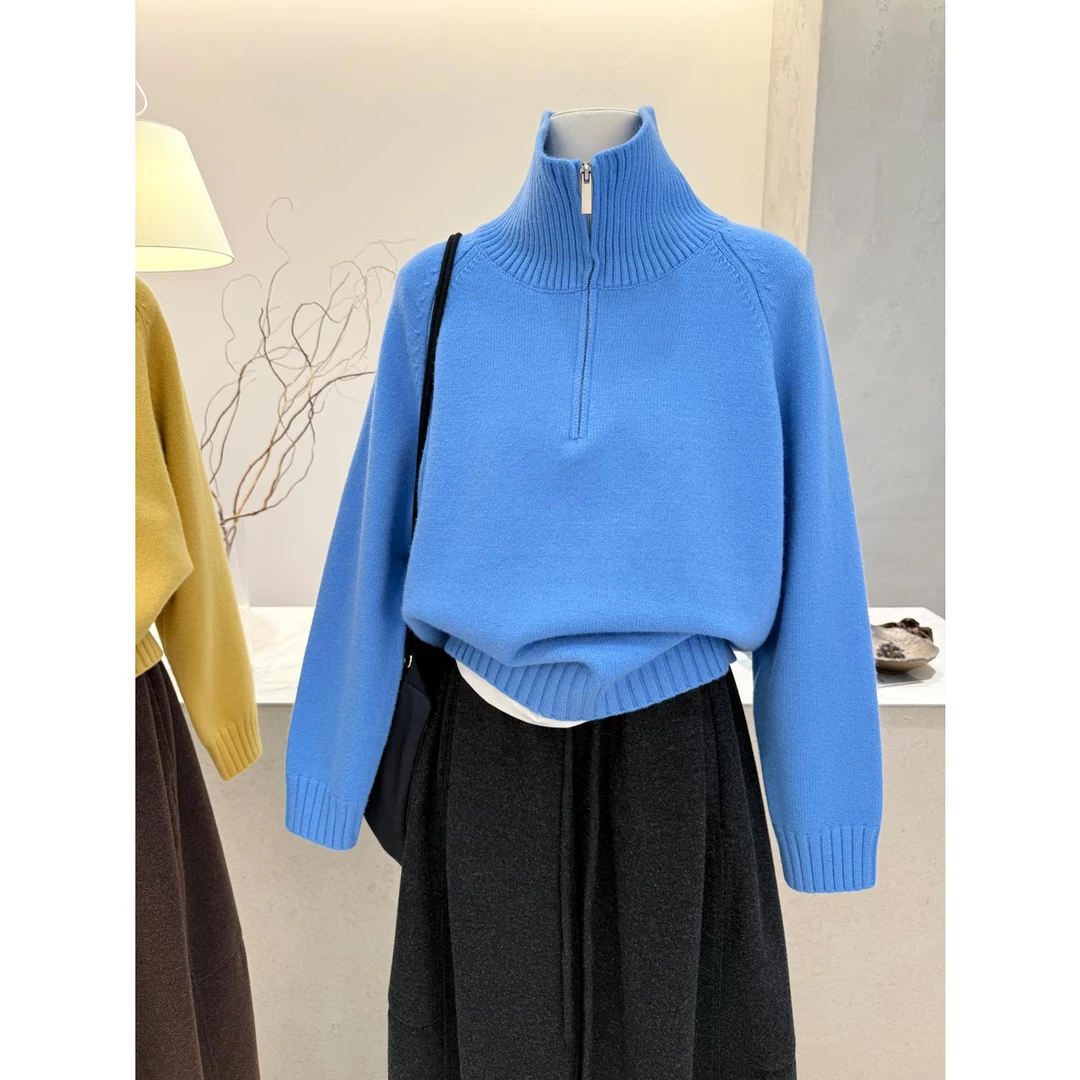 小哲 韩系半拉链高领插肩毛衣女秋冬新款软糯套头打底针织衫上衣