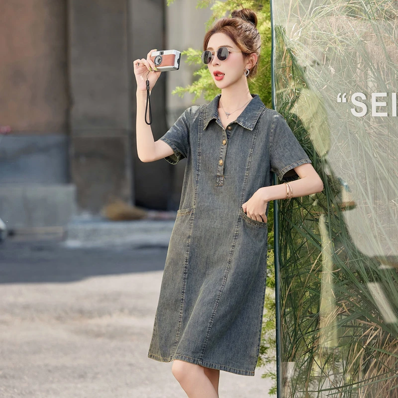 新中式常规休闲A字裙夏季连衣裙中长款牛仔裙女装裙子时尚宽松