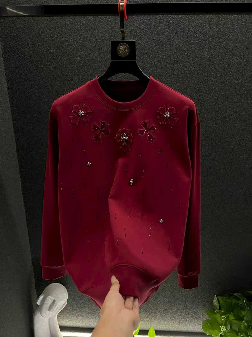 新年长袖卫衣满天星男款2026烫钻男上衣爆款轻奢高定重工圆领长袖