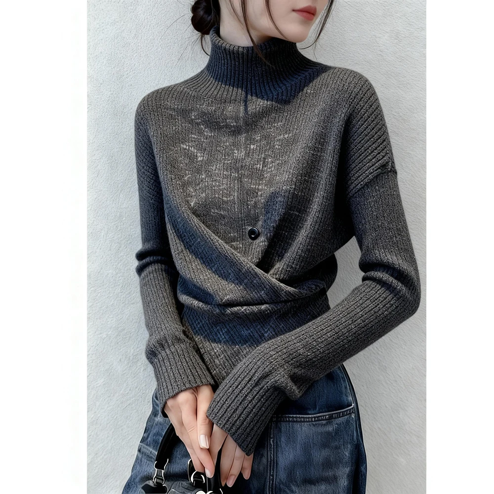 2025秋冬新款时尚设计感高领针织女慵懒风收腰显瘦软糯毛衣打底衫