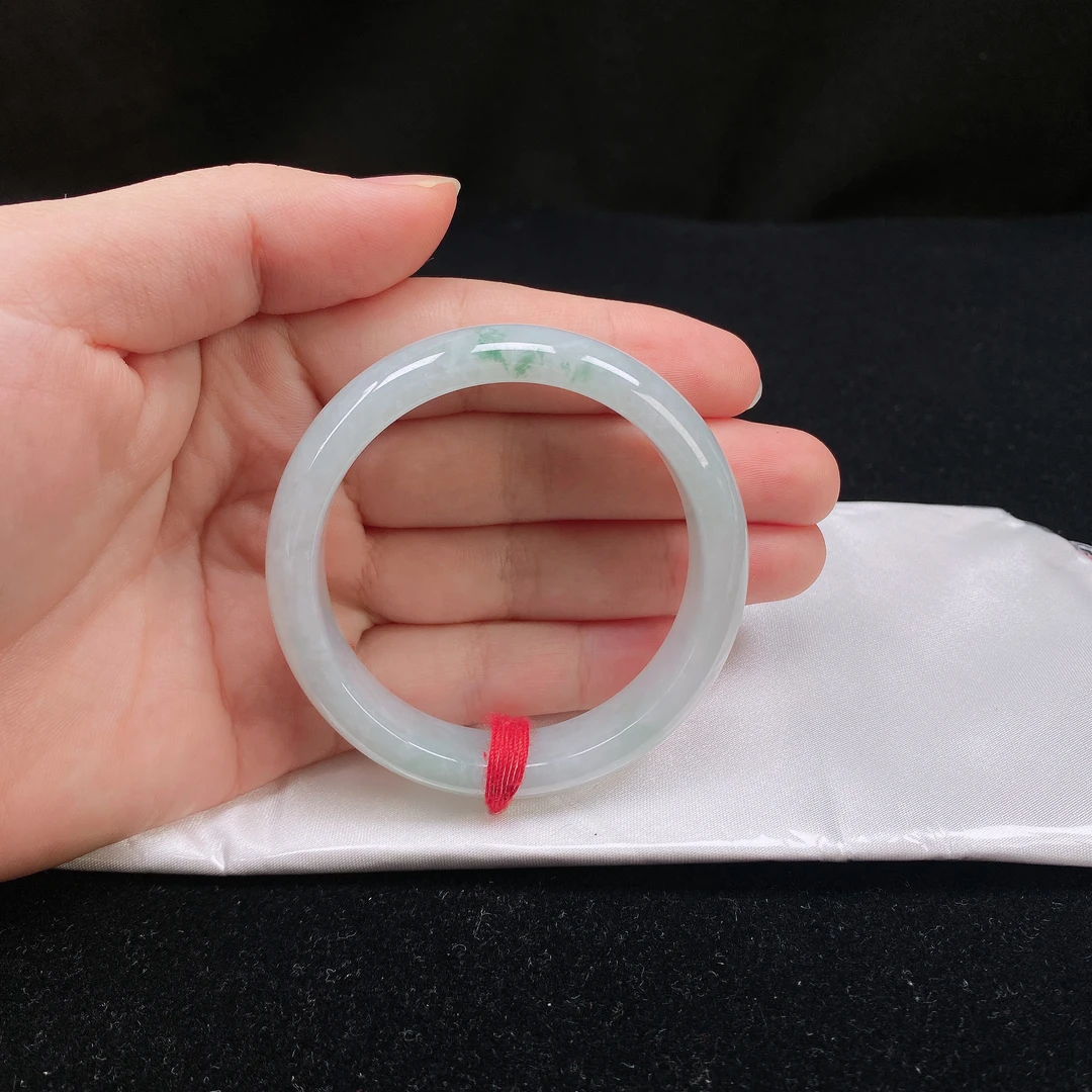 50圈口缅甸翡翠A货老坑糯冰满绿底带花色小宽正圈玉镯子正品珠宝