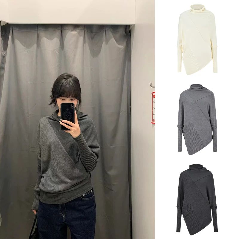 Moses Queen/魔西女王韩系不规则高领毛衣女秋冬蝙蝠袖针织衫上衣